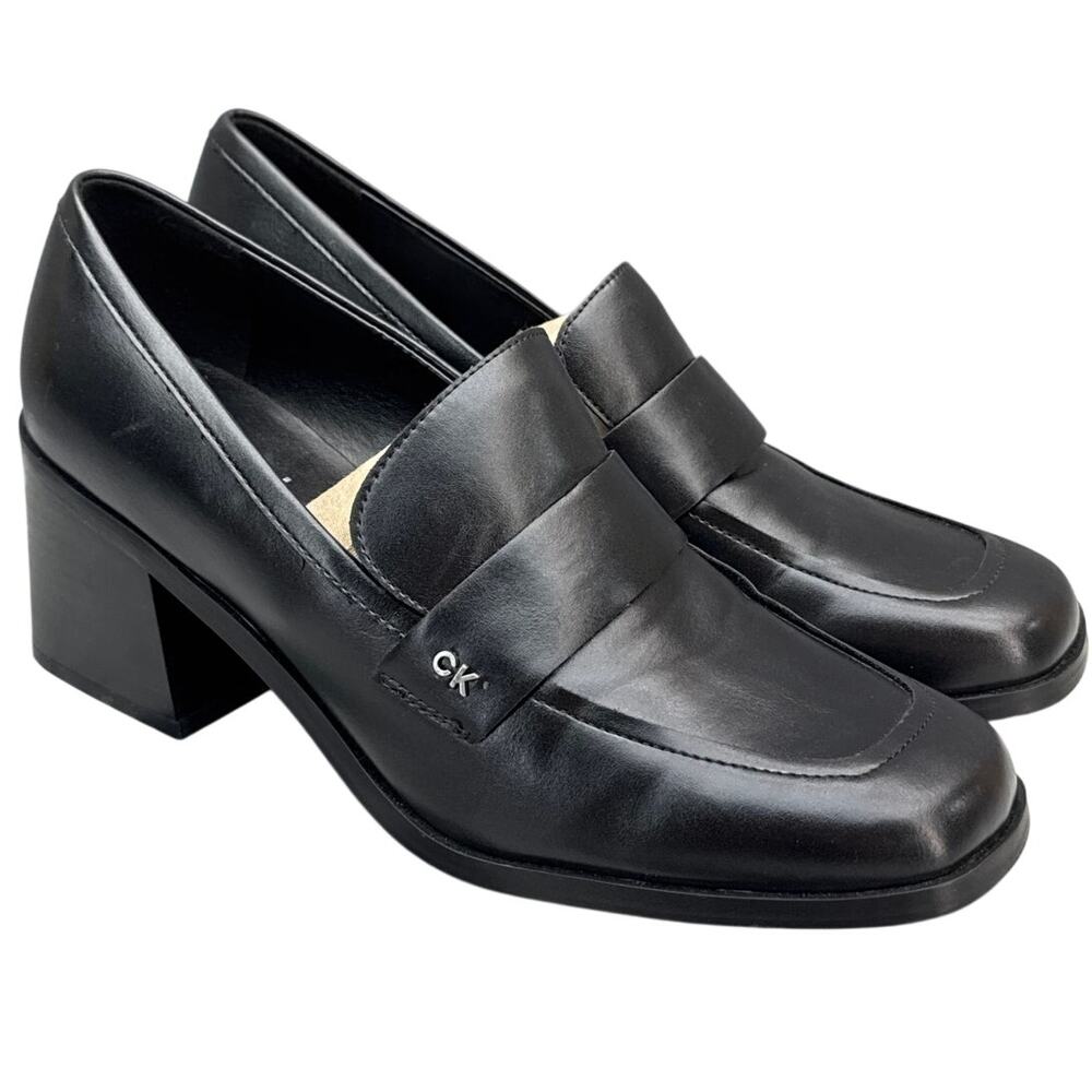 Calvin Klein Black Leather Block Heel Loafers